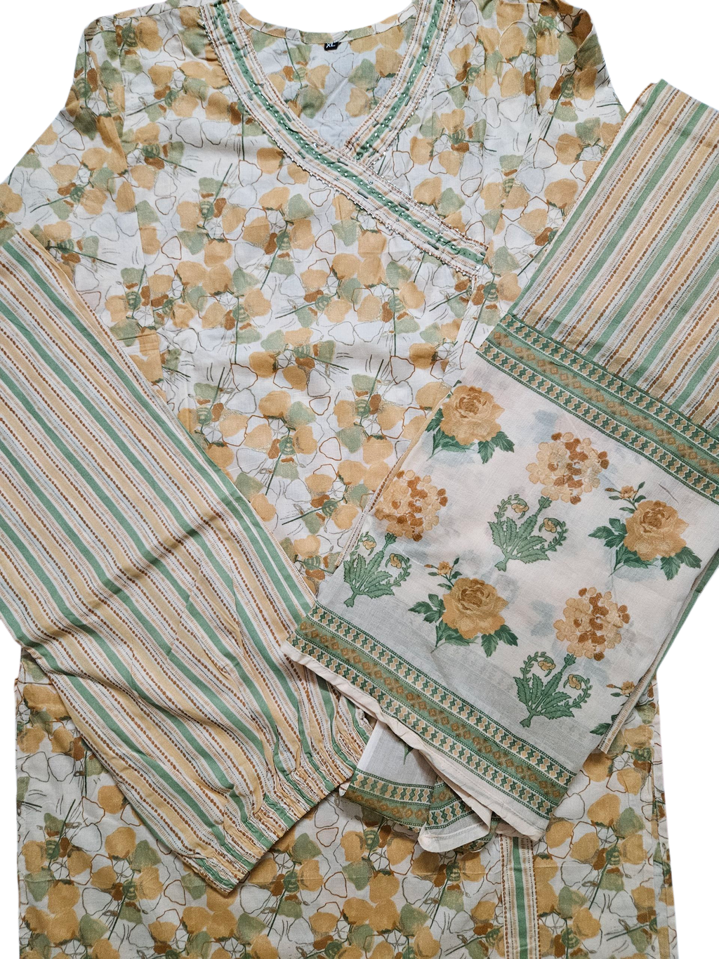 Embroidered Peach green Ang Rakha neck printed suit pant dupatta set