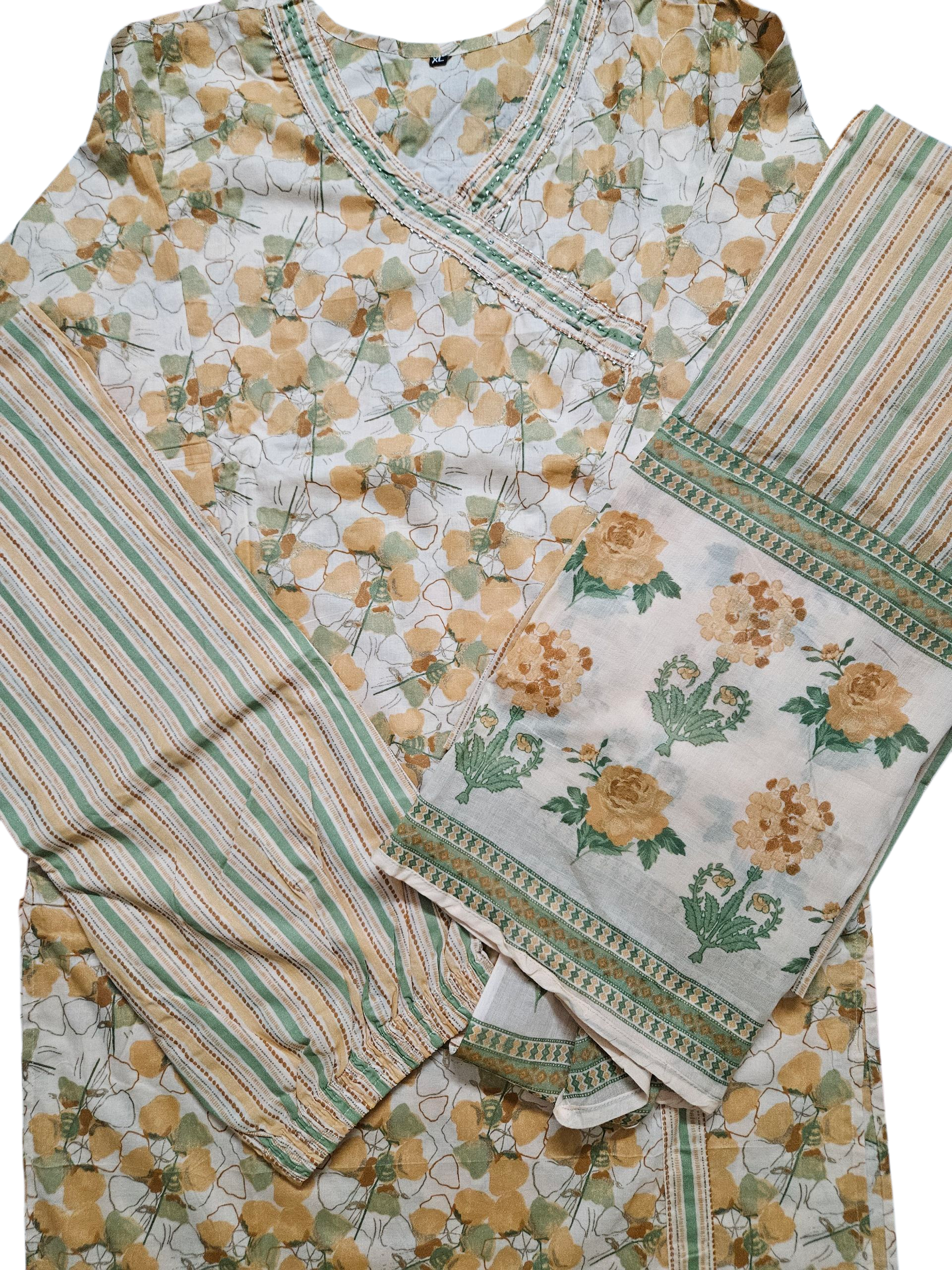 Embroidered Peach green Ang Rakha neck printed suit pant dupatta set