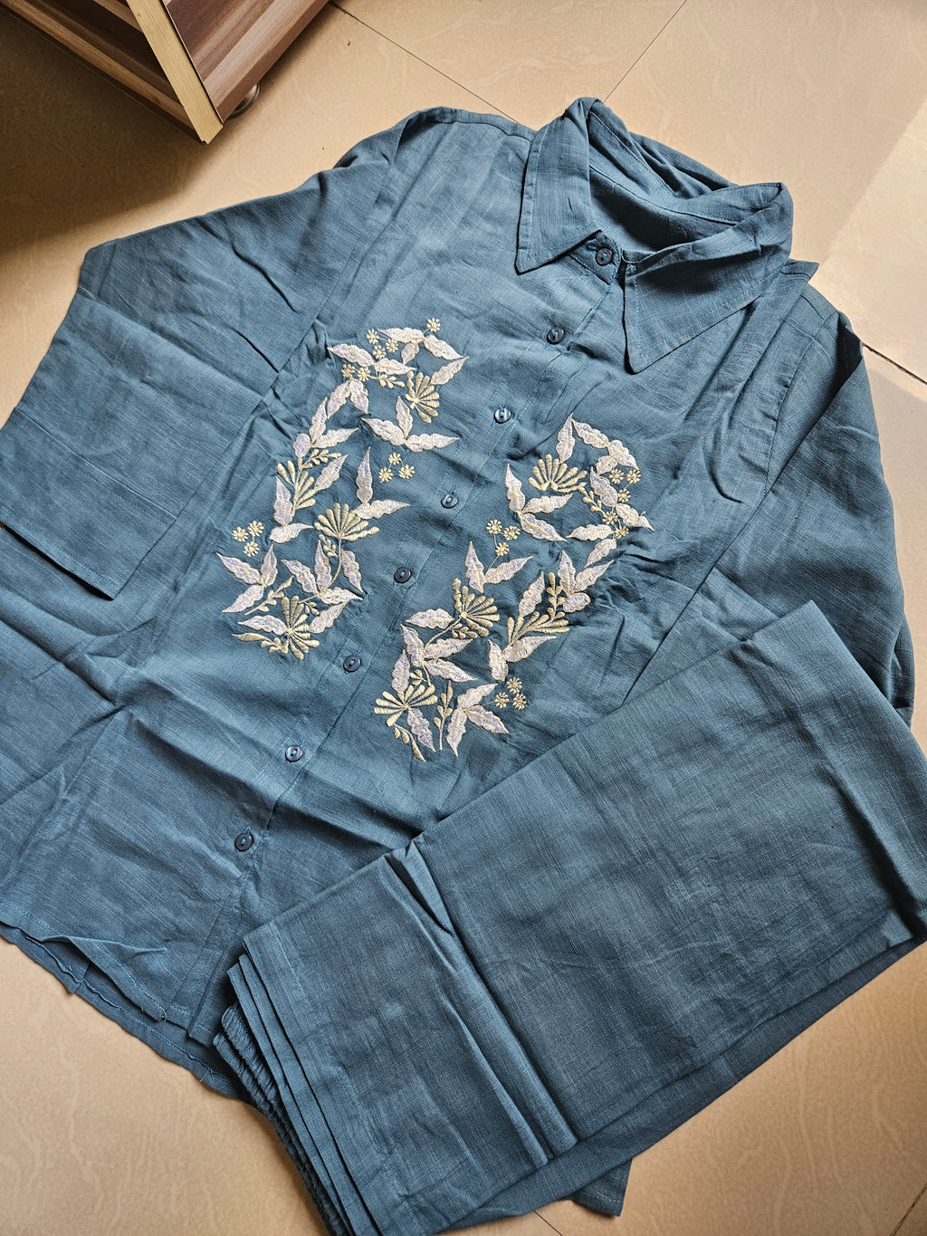 Teal Blue Embroidered Shirt & Pant cord Set