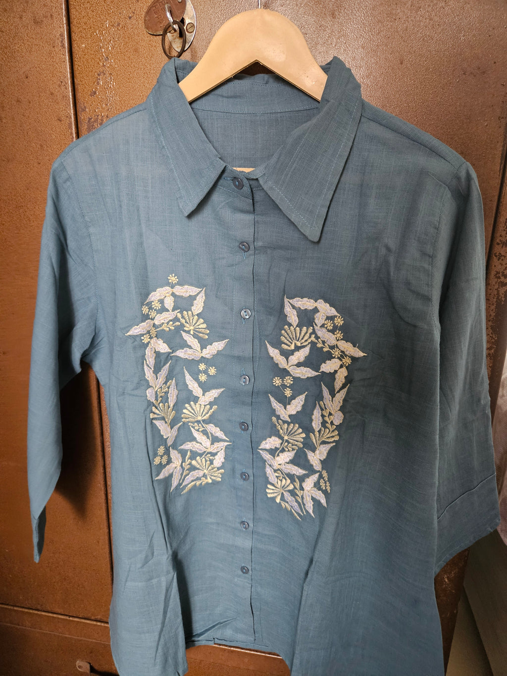 Teal Blue Embroidered Shirt & Pant cord Set