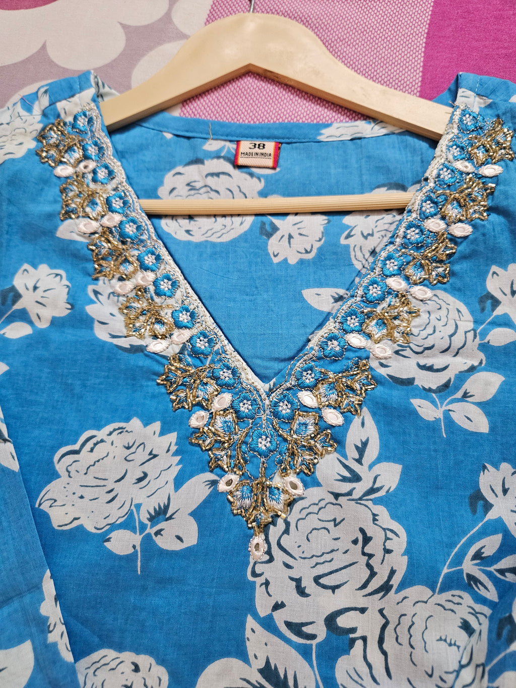 Blue Floral Printed Kurta Set with Embroidered Neckline