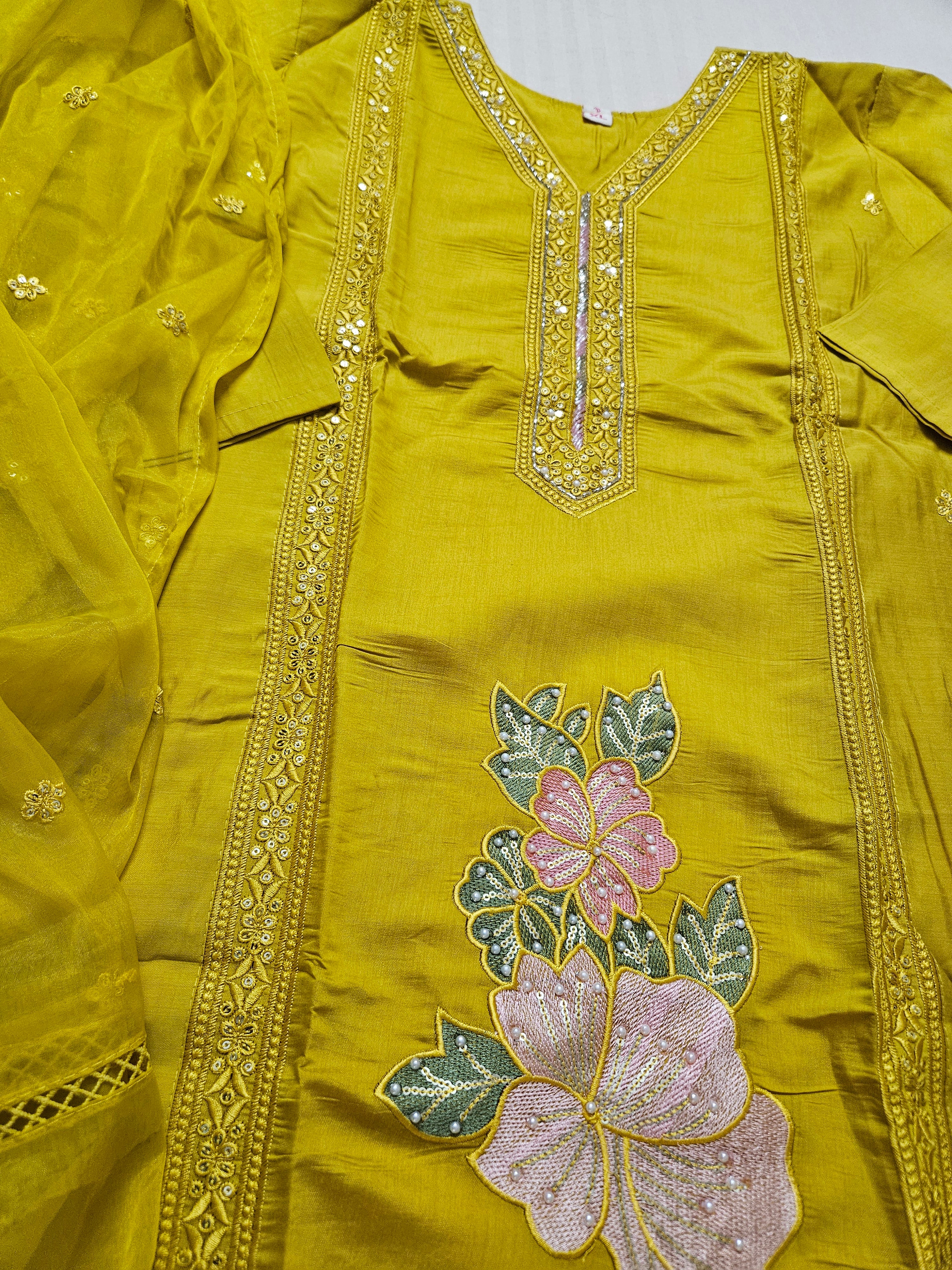 Haldi yellow with intricate embroidery silk suit set