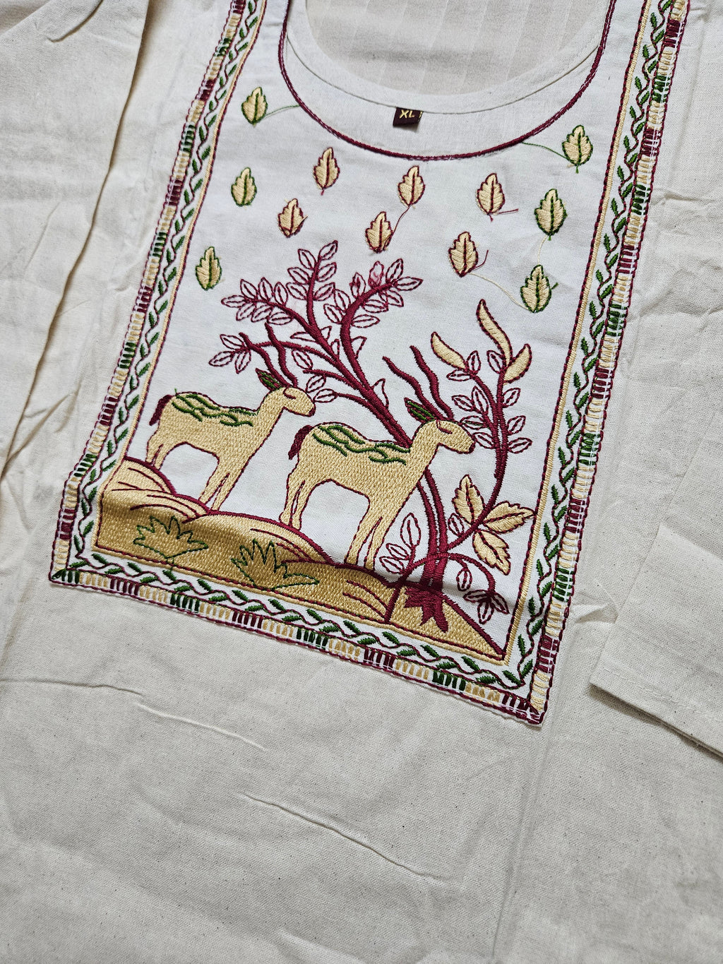 Off-White Hand-Embroidered Cotton Kurti with Nature Motif