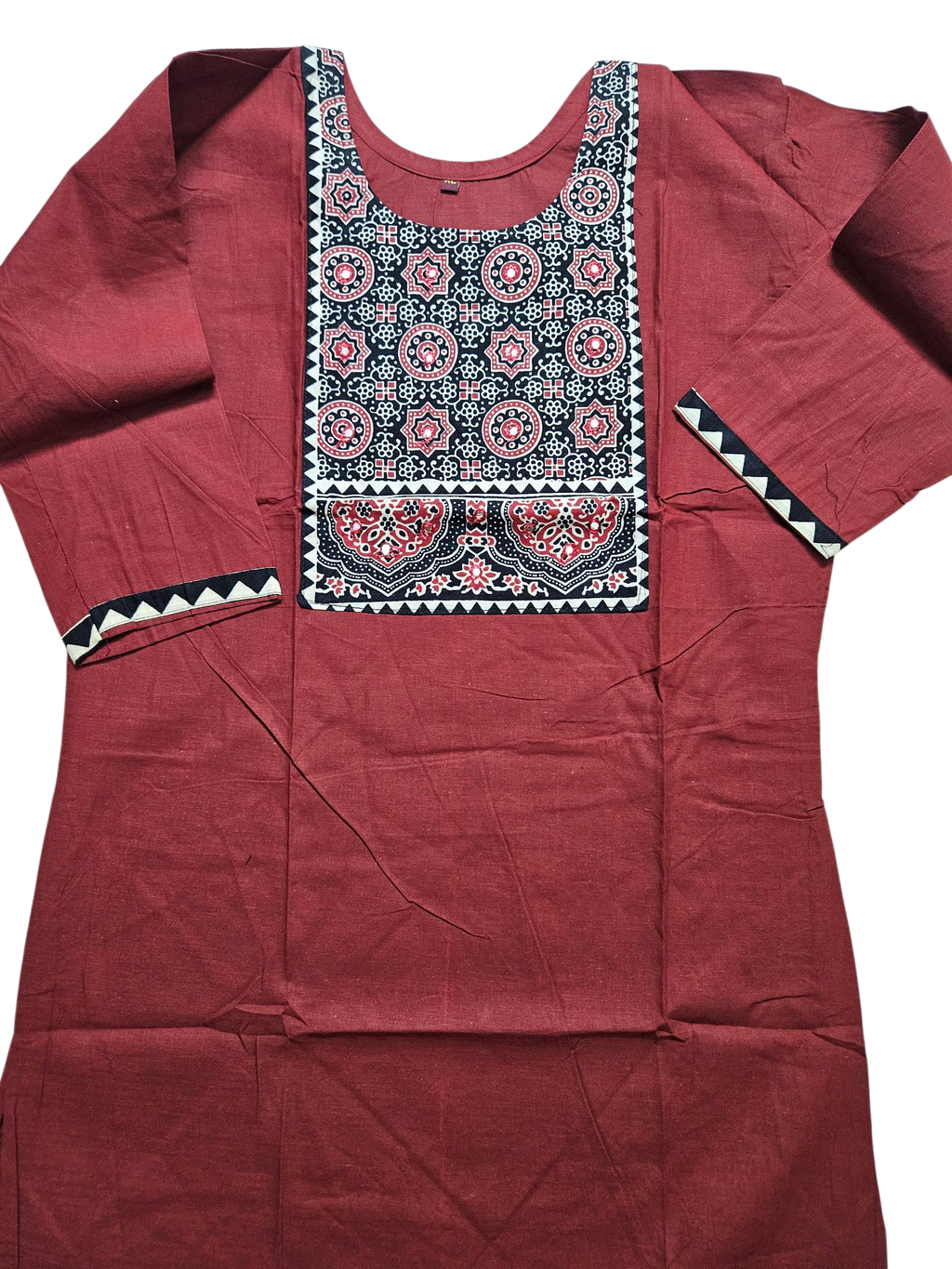 Maroon Hand-Embroidered Ajrakh-Style Cotton Kurta