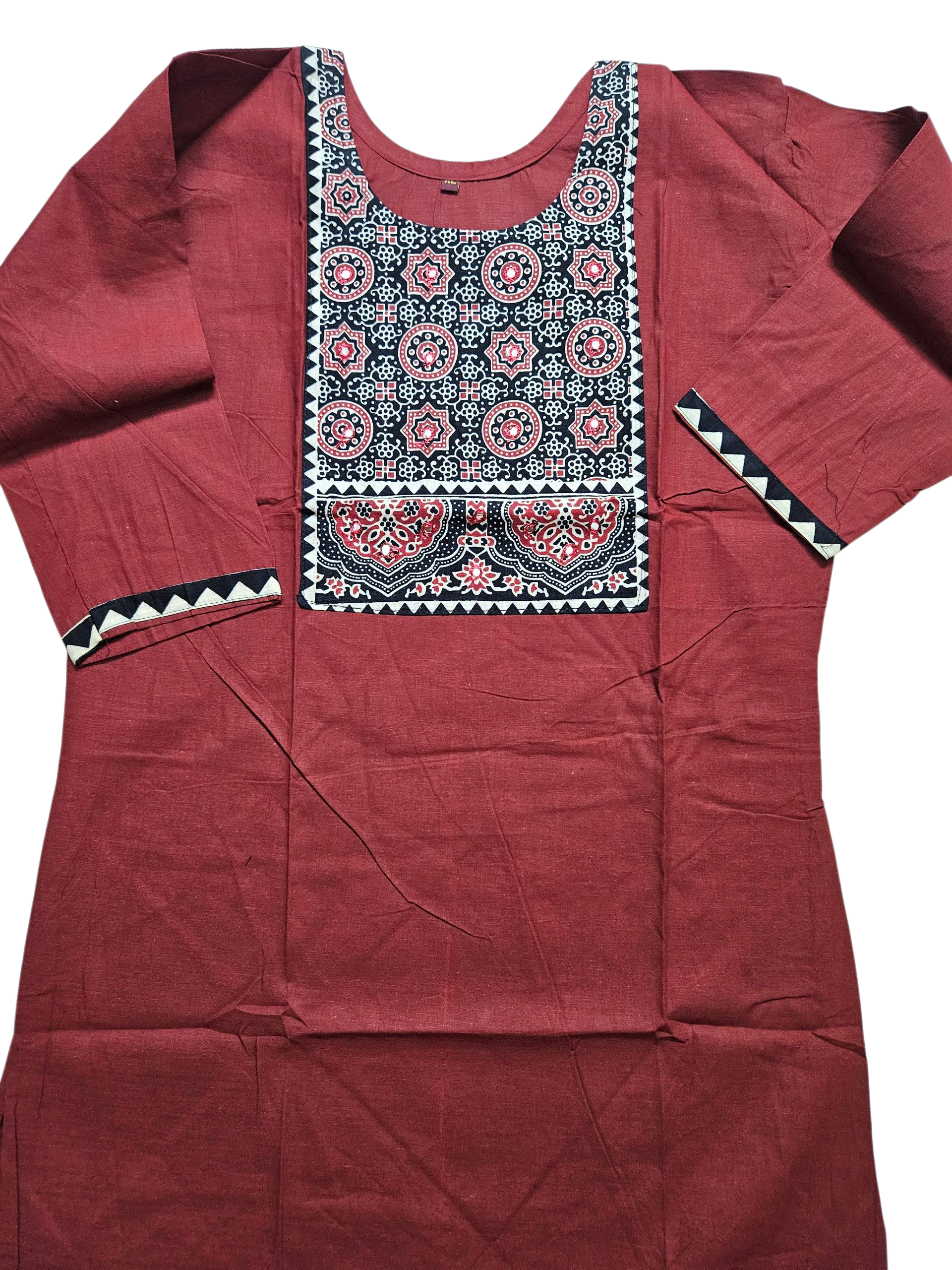 Maroon Hand-Embroidered Ajrakh-Style Cotton Kurta