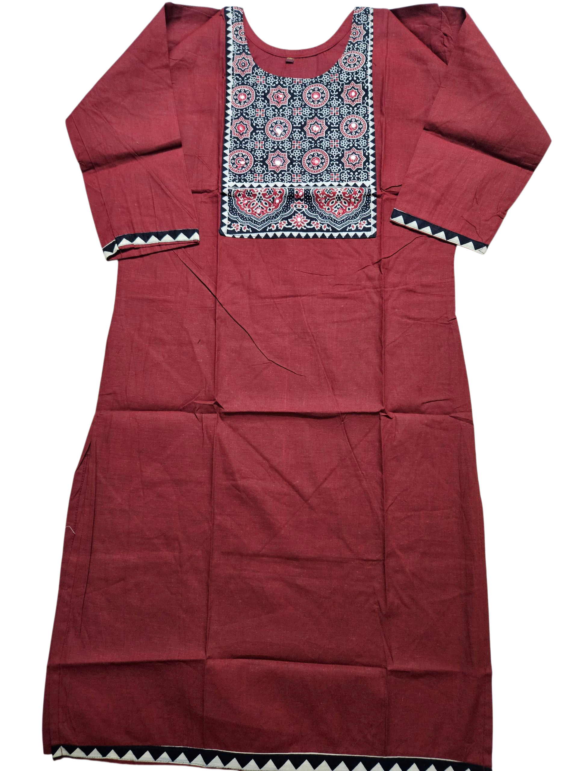 Maroon Hand-Embroidered Ajrakh-Style Cotton Kurta
