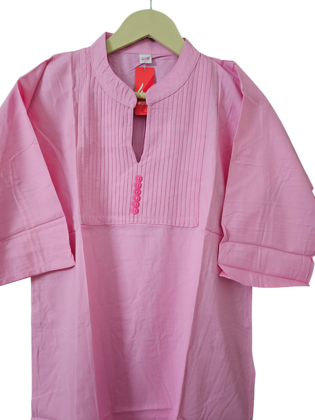 Soft Pink Cotton Pleated Kurta with Side Slits