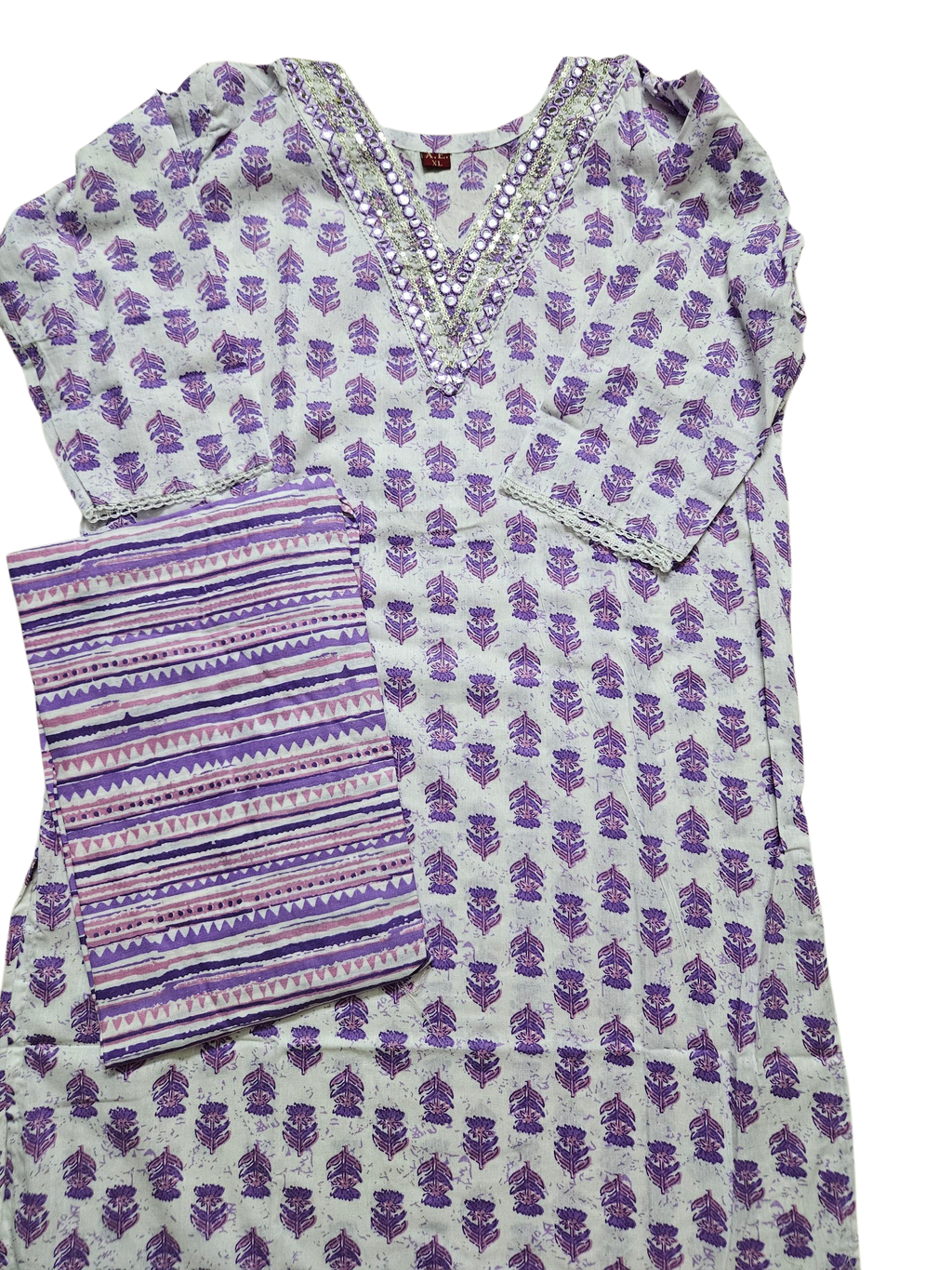 White & Purple Printed Kurta Set