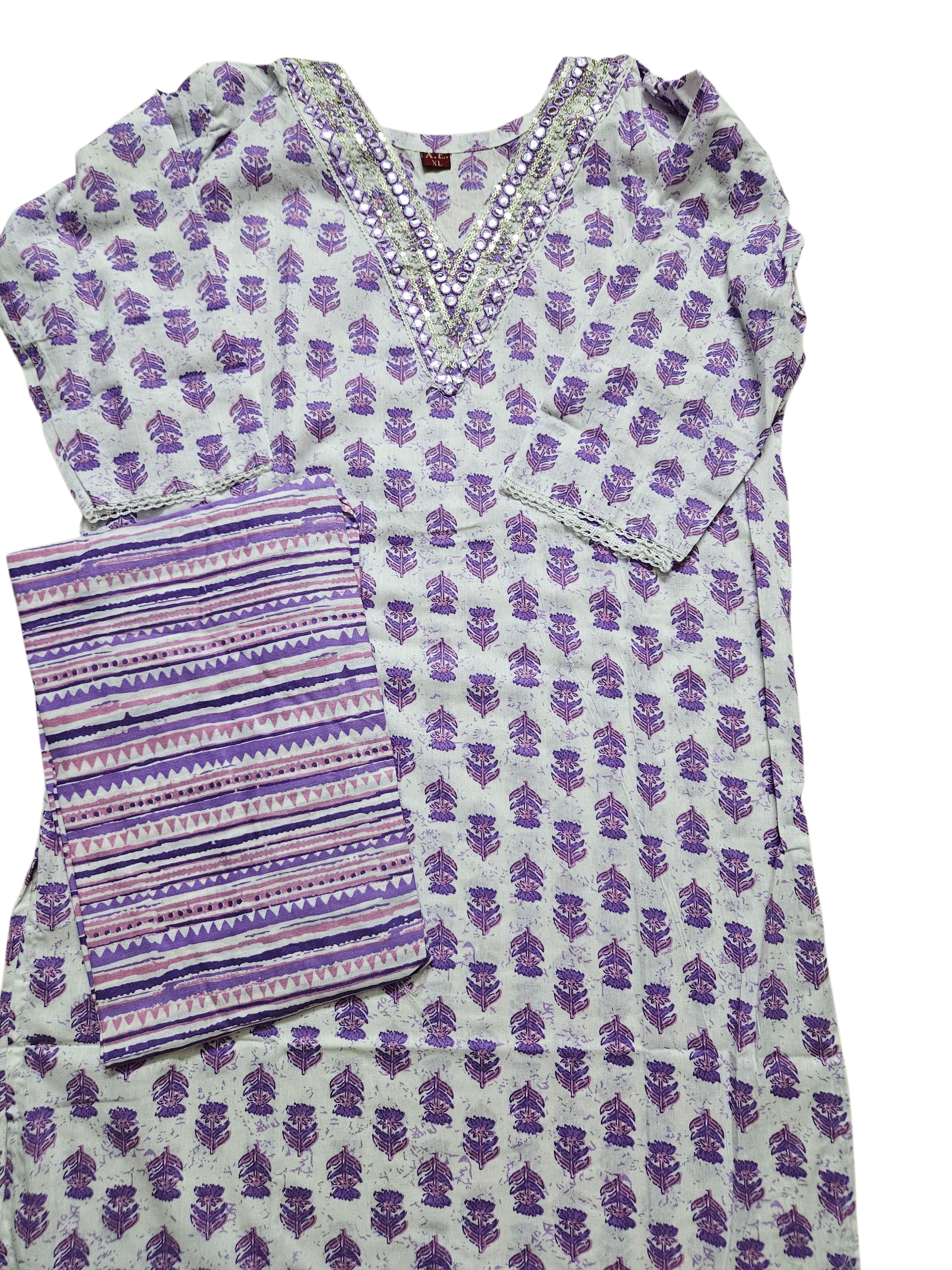 White & Purple Printed Kurta Set
