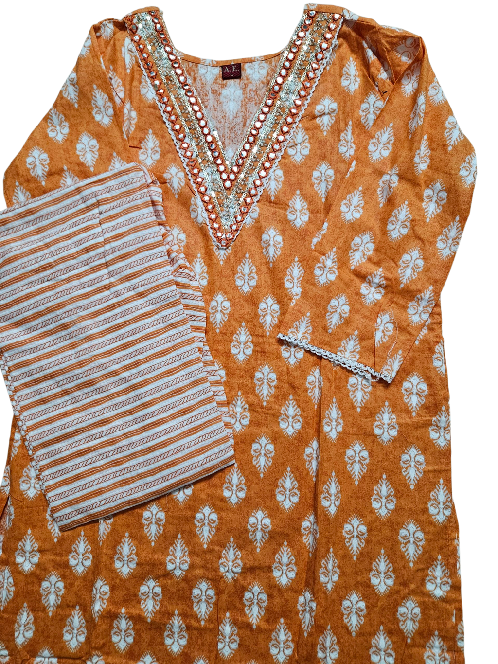Orange & White Block Print Kurta Set