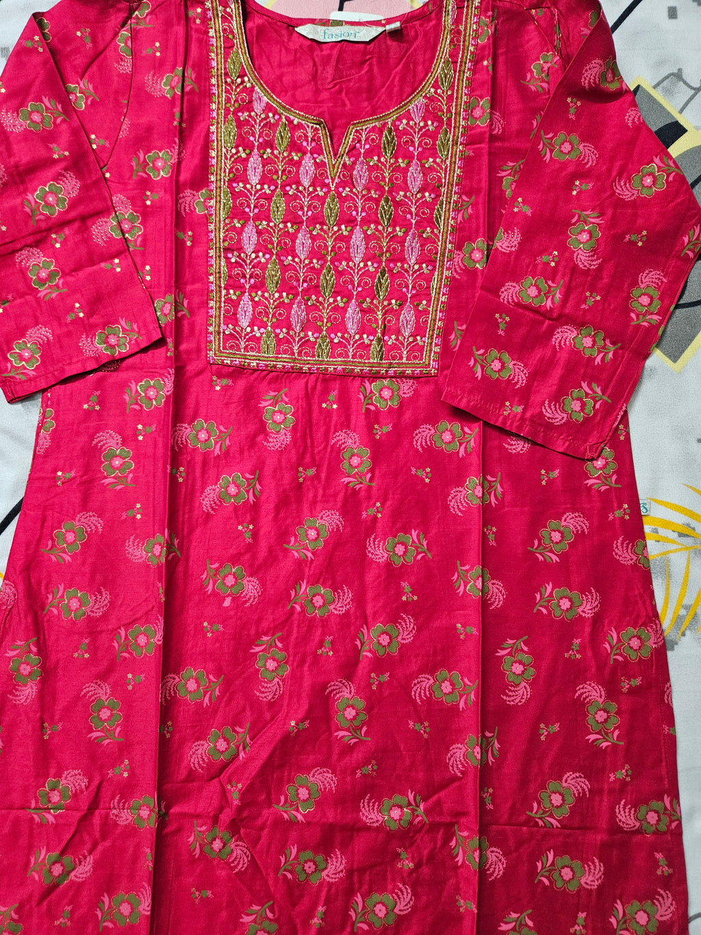 Stylish Red-pink Printed embroidered Kurti for Women