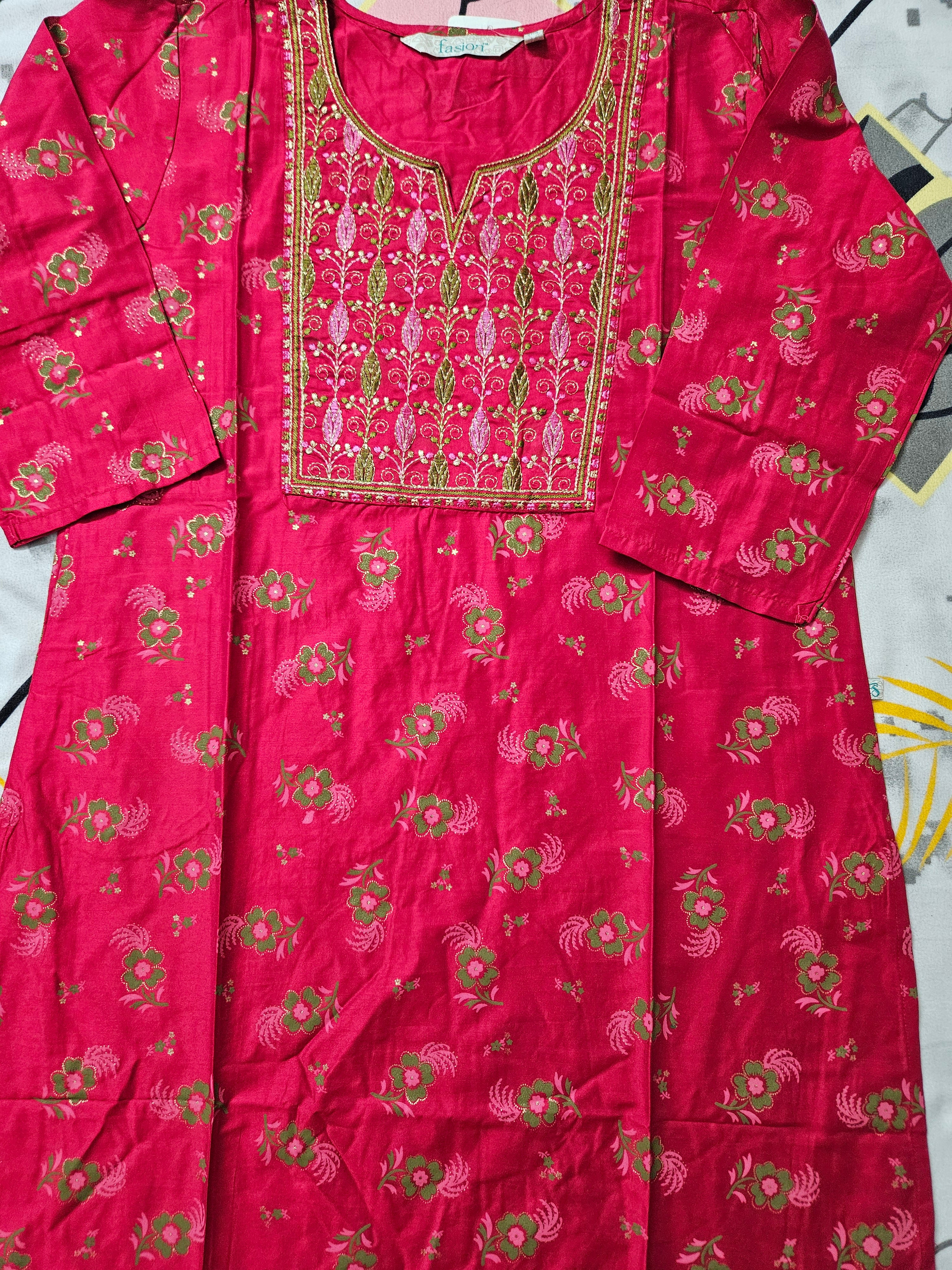 Stylish Red-pink Printed embroidered Kurti for Women