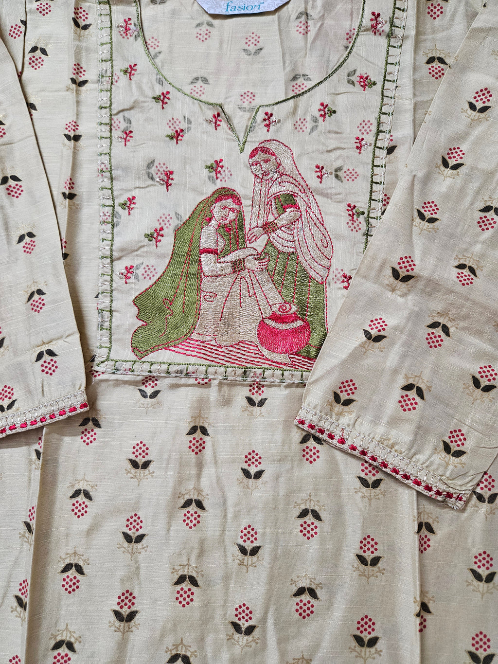 Handcrafted Beige Cotton Kurti with Traditional Embroidery