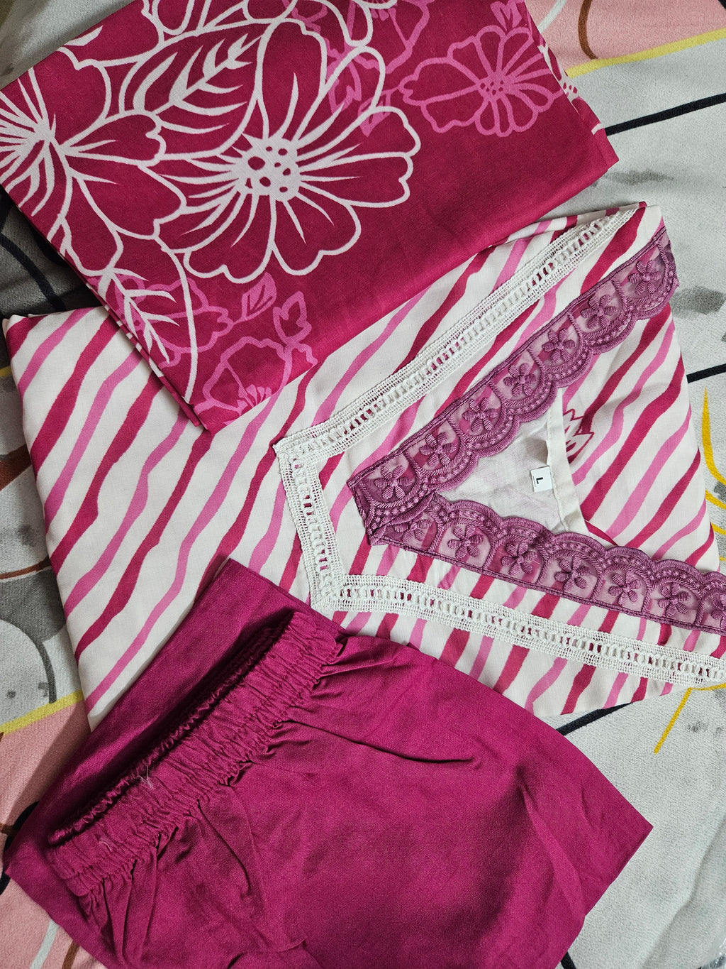 Pink & White Leheriya Kurta Set with Lace Work