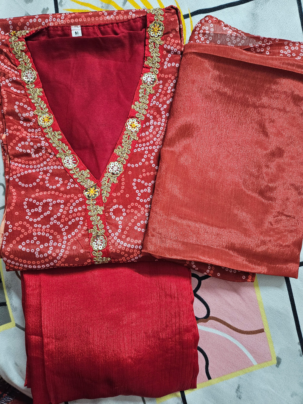 Red orange Bandhani Kurta Set with Gold Zari Work