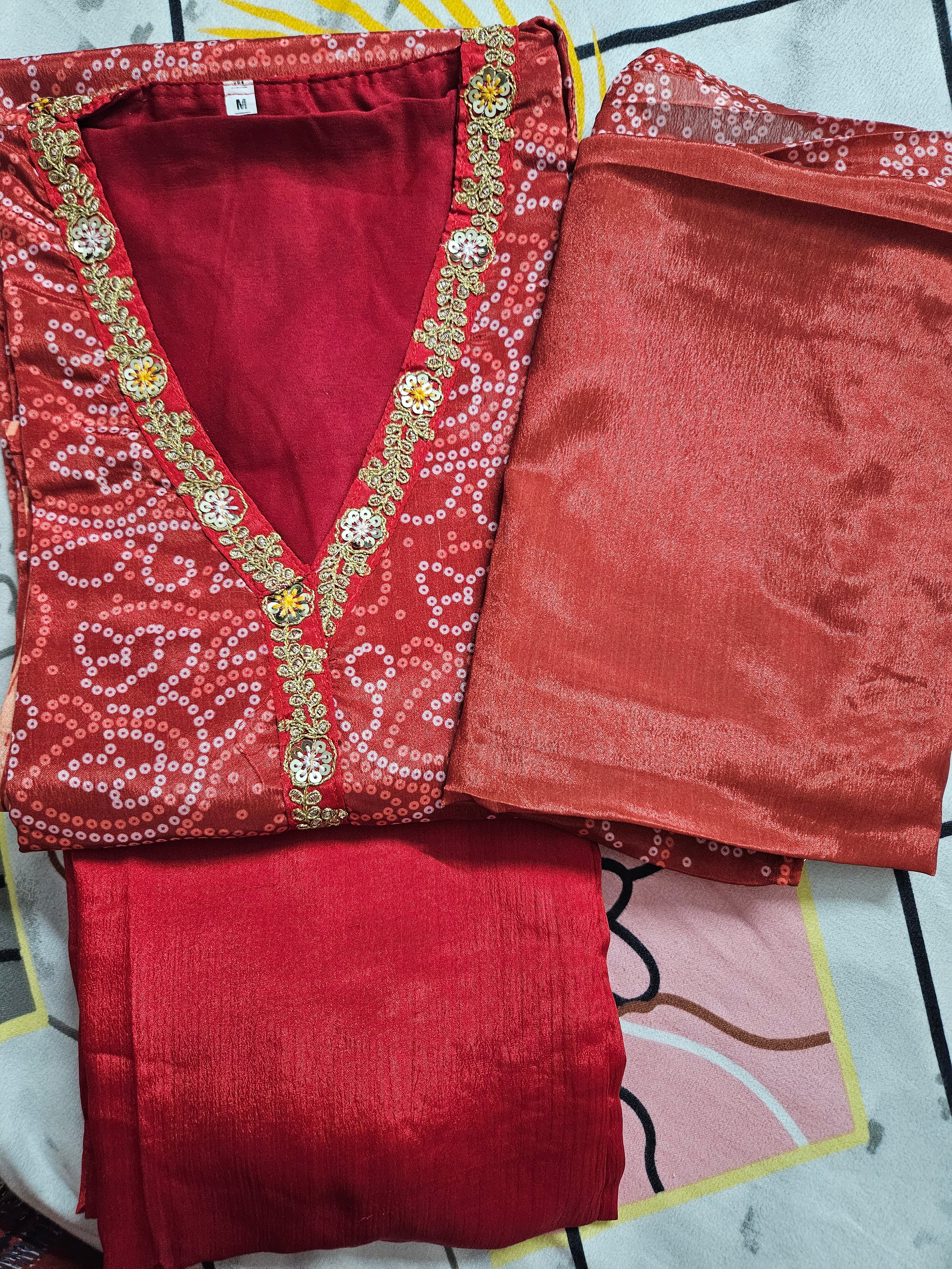 Red orange Bandhani Kurta Set with Gold Zari Work