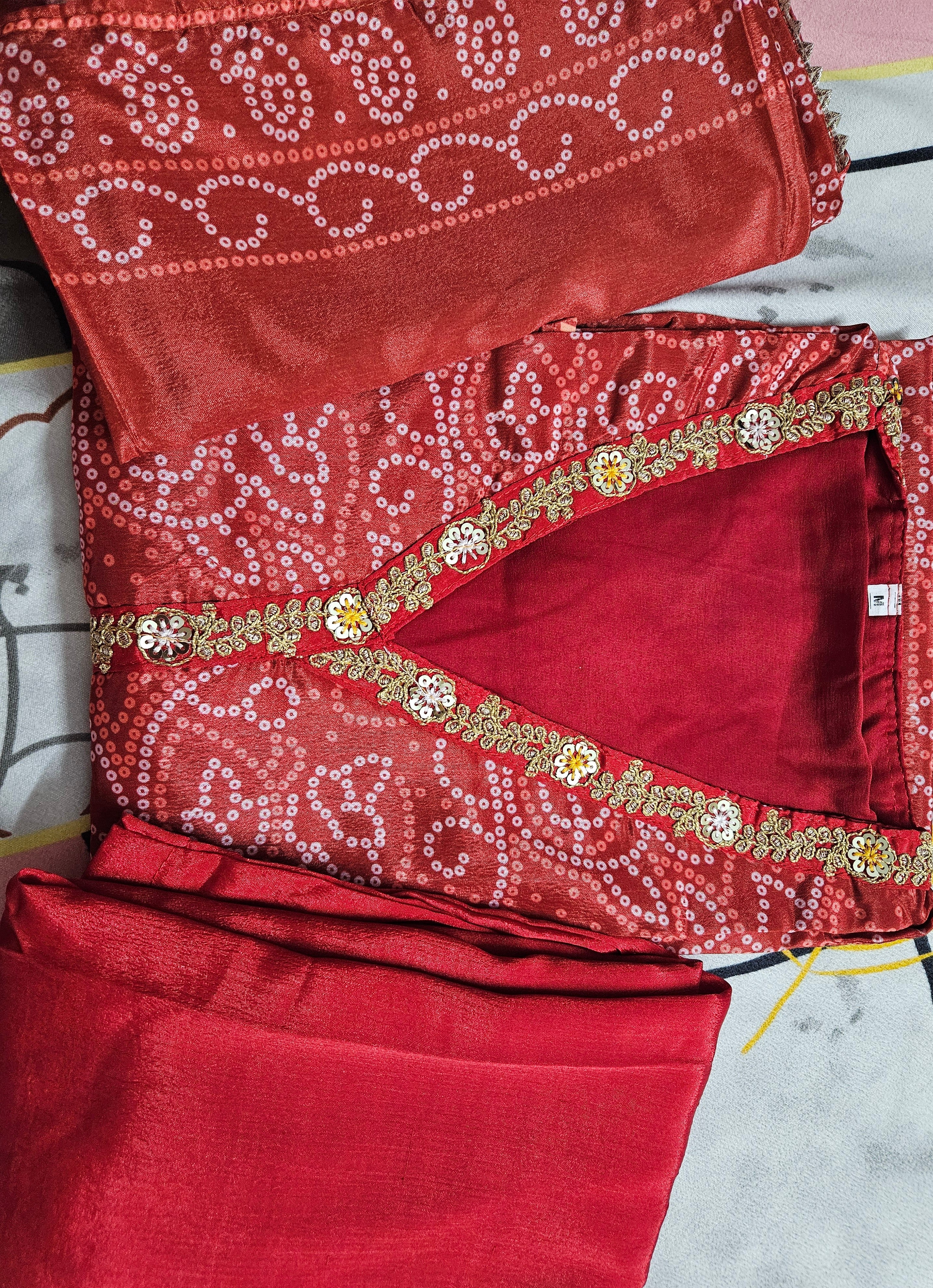 Red orange Bandhani Kurta Set with Gold Zari Work