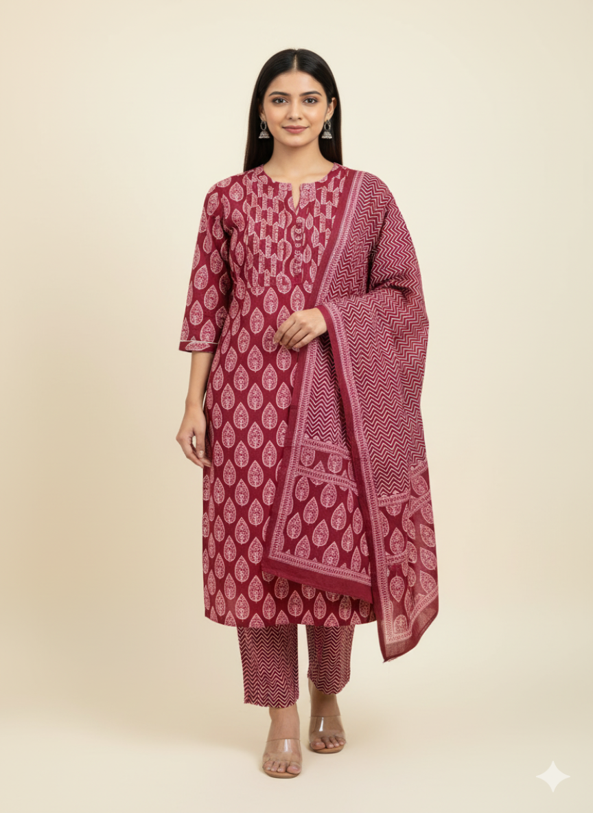 Comfortable Maroon Cotton Kurta Set for Daily Wear
