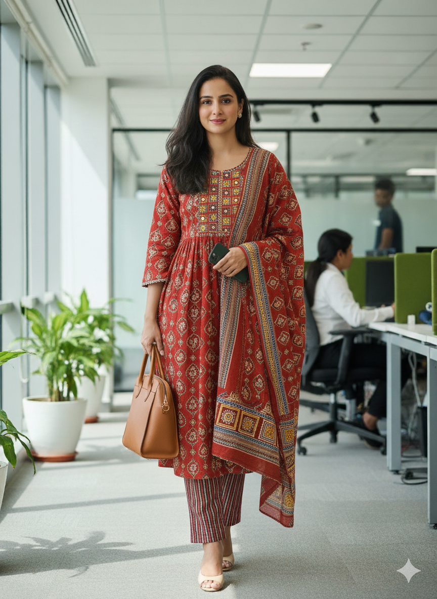 Red & Blue Bandhani frock Set