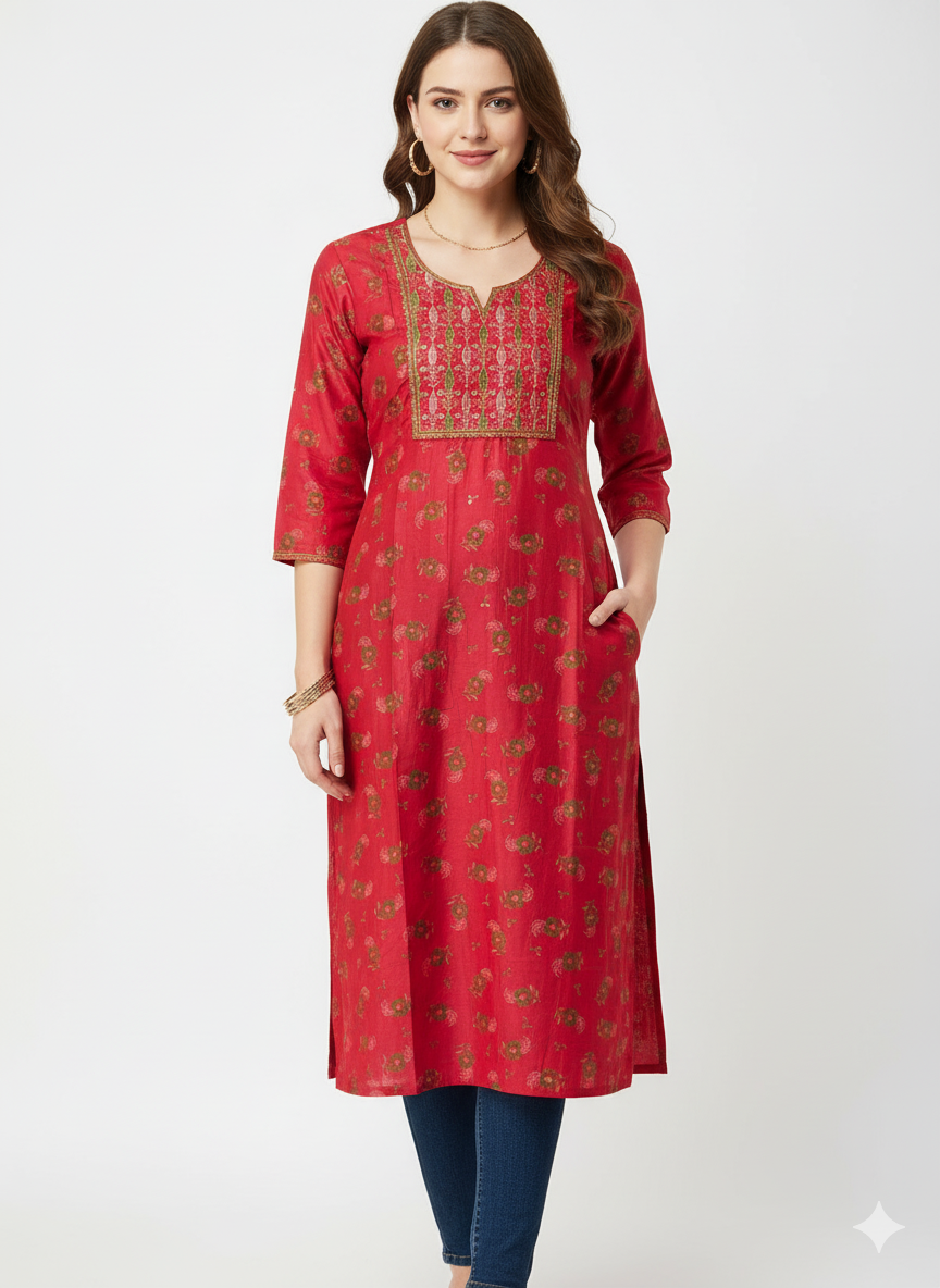 Stylish Red-pink Printed embroidered Kurti for Women