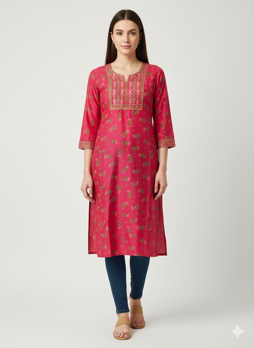 Stylish Red-pink Printed embroidered Kurti for Women
