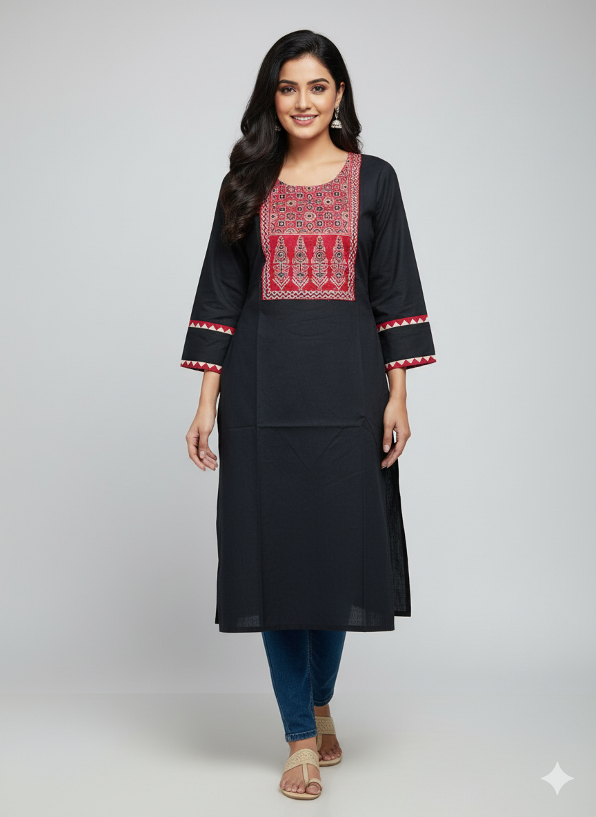 Black Hand-Embroidered Ajrakh-Style Cotton Kurta