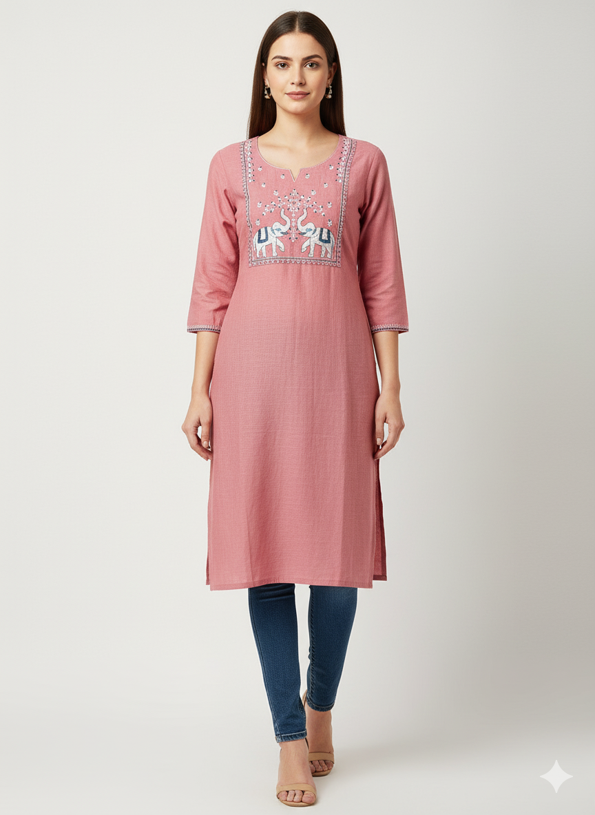 Pink Cotton Kurta with Embroidered Elephant Motif