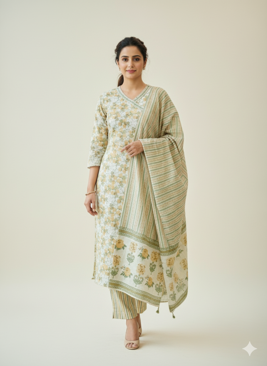 Embroidered Peach green Ang Rakha neck printed suit pant dupatta set