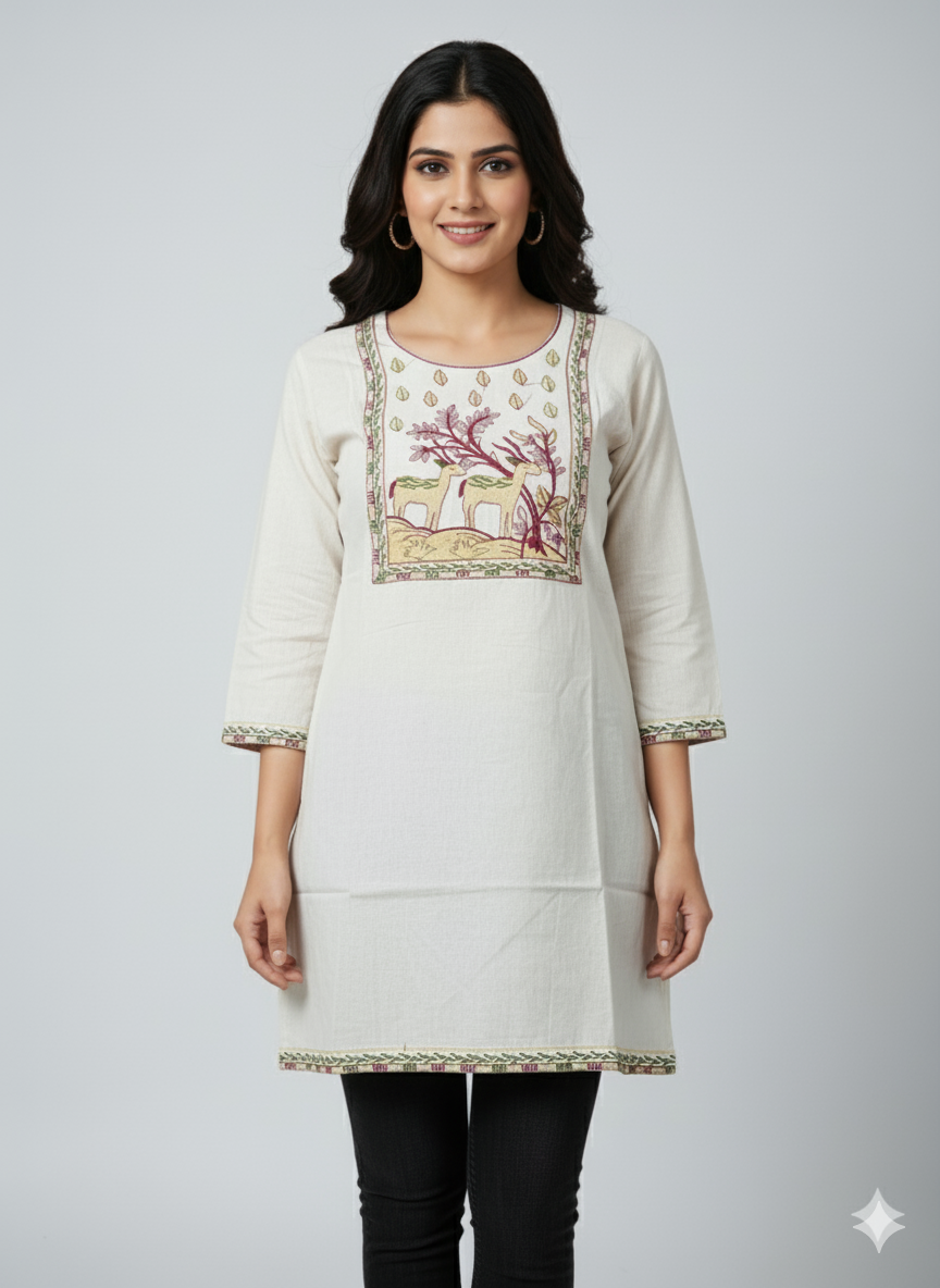 Off-White Hand-Embroidered Cotton Kurti with Nature Motif