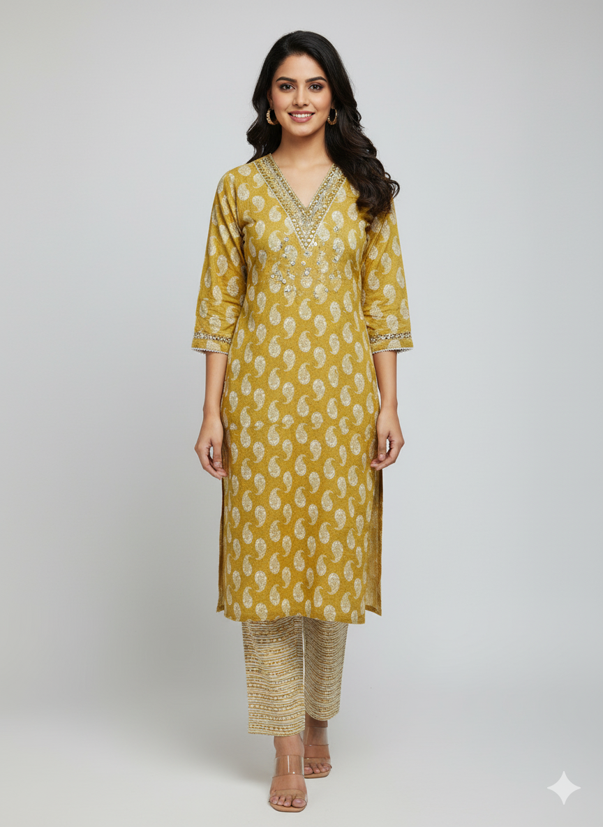 Mustard Yellow Paisley Kurta Set
