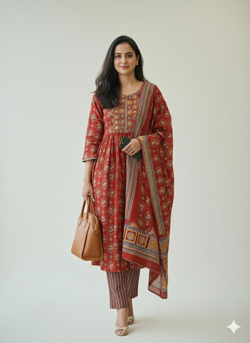 Red & Blue Bandhani frock Set