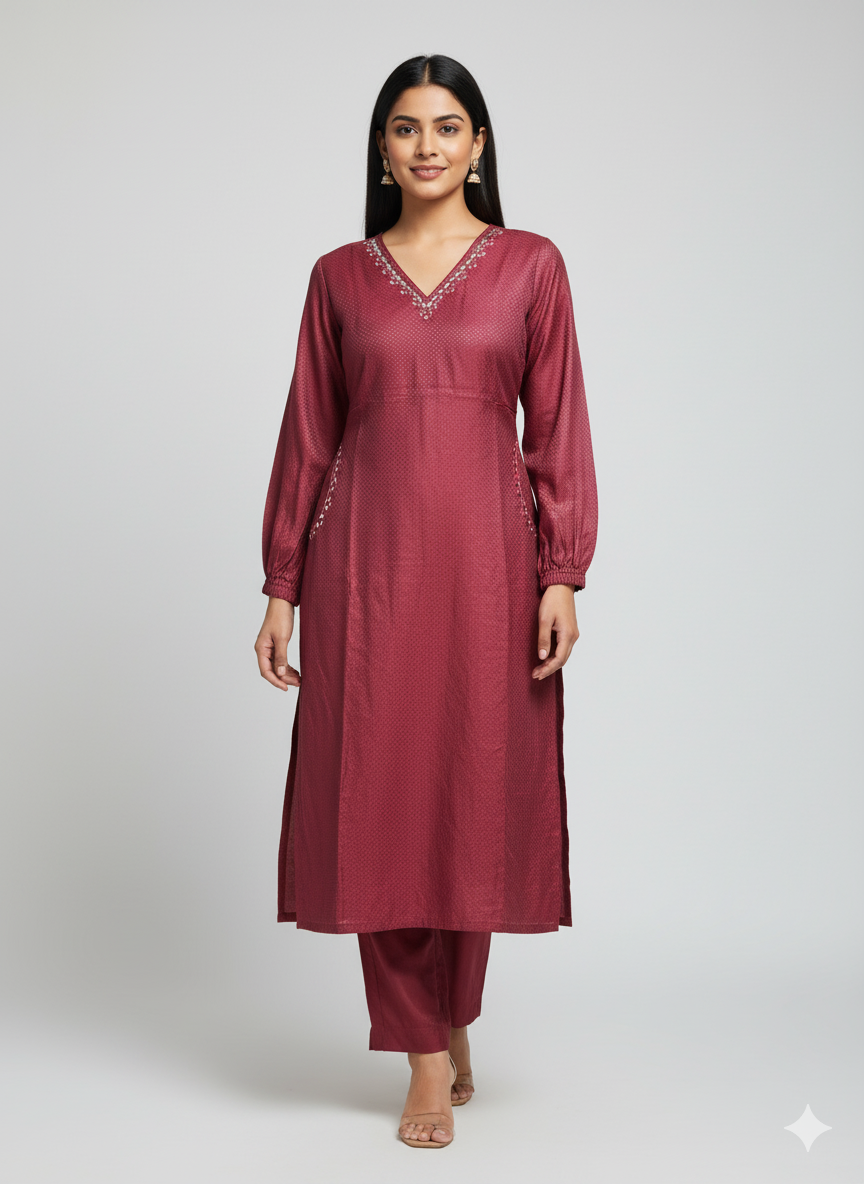 Maroon Jacquard Kurta Set