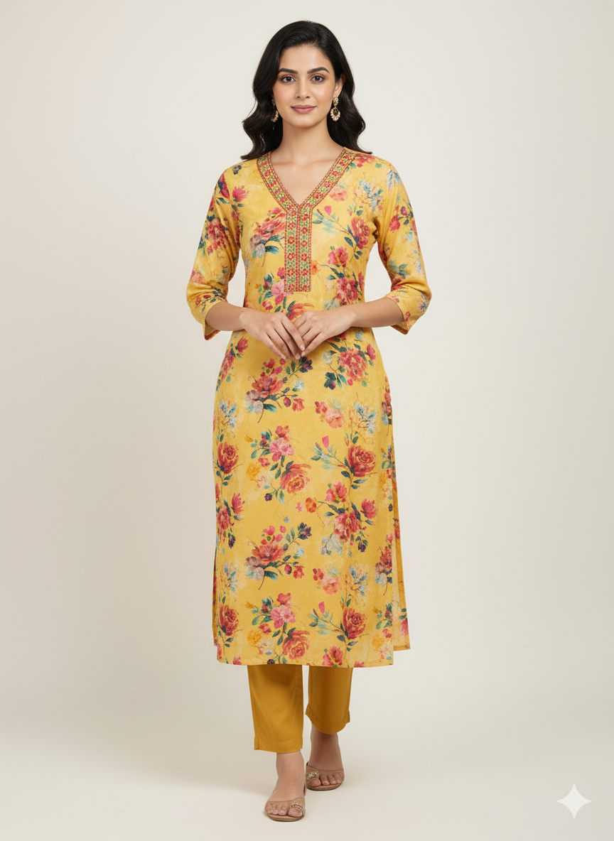 Yellow Floral Printed Kurta Set with Embroidered Neckline