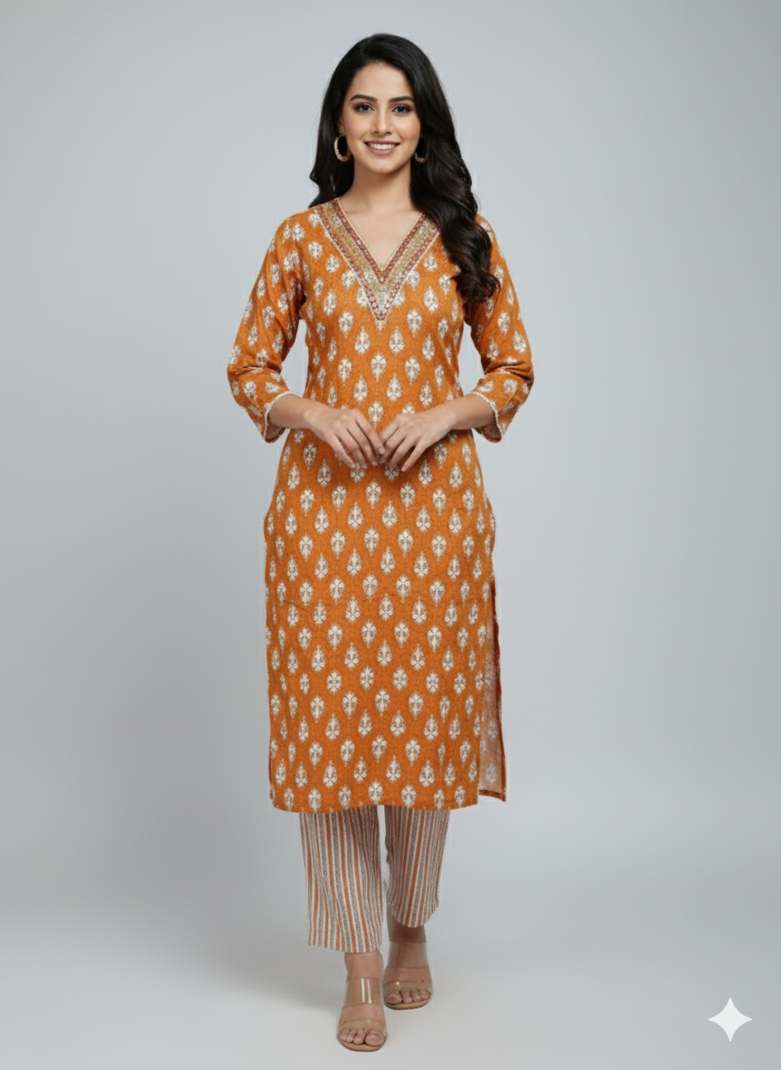 Orange & White Block Print Kurta Set