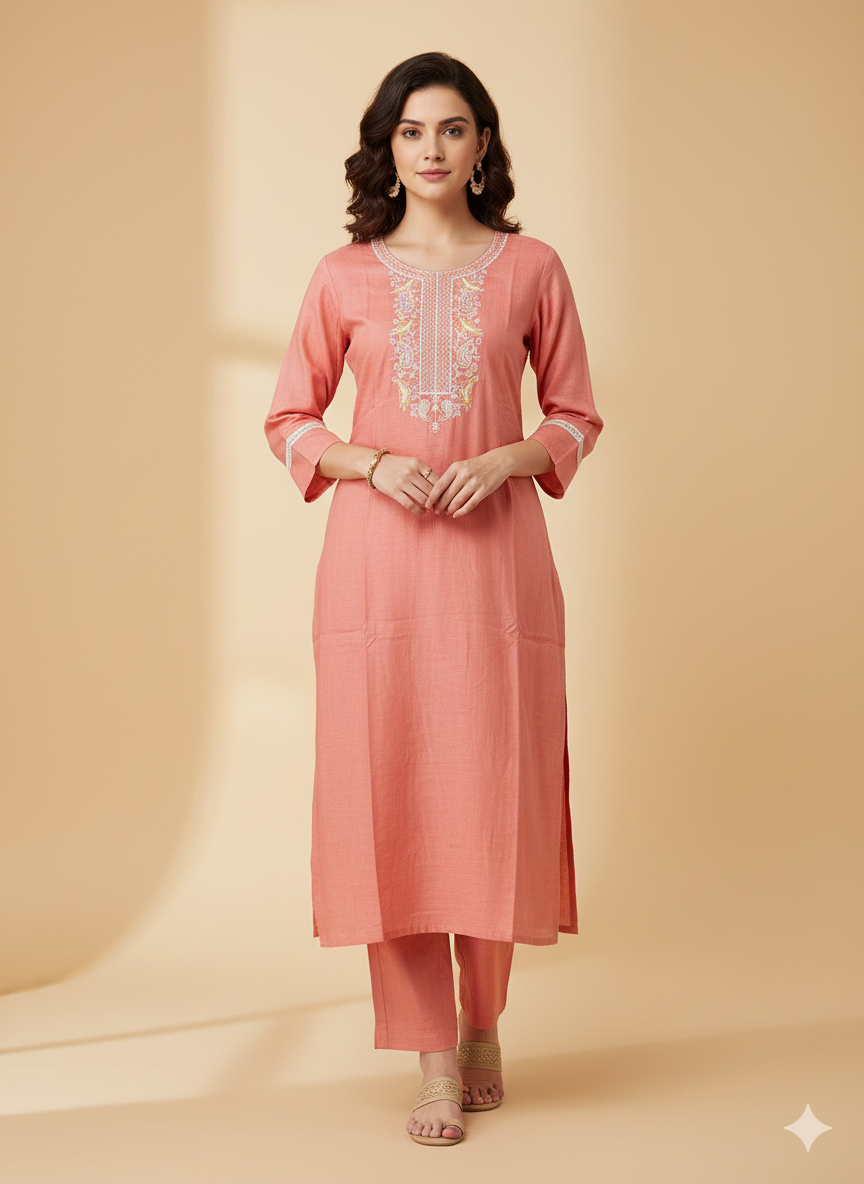 Peach Embroidered Kurta Set/Cord set