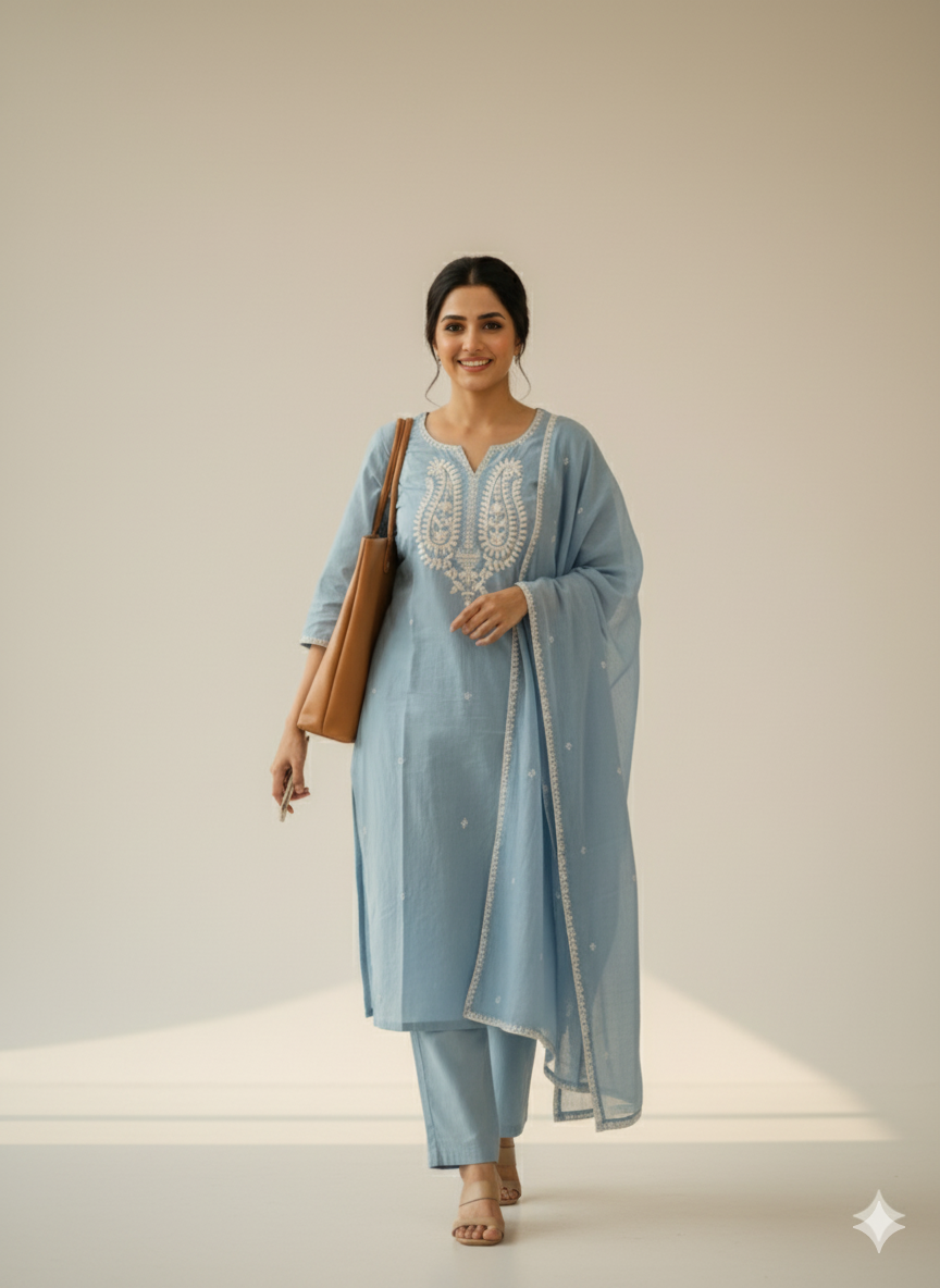 Sky Blue Embroidered kurta pant dupatta suit set