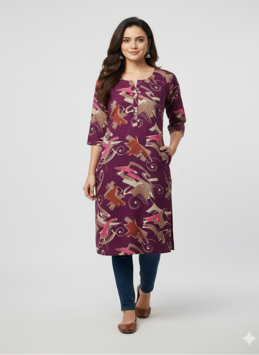 Abstract Print Purple Rayon Kurta – Casual Ethnic Wear