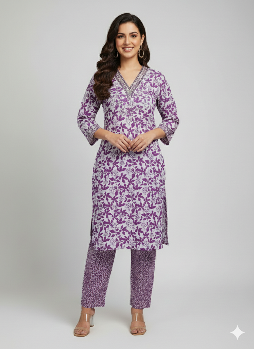 Purple & White Floral Kurta Set