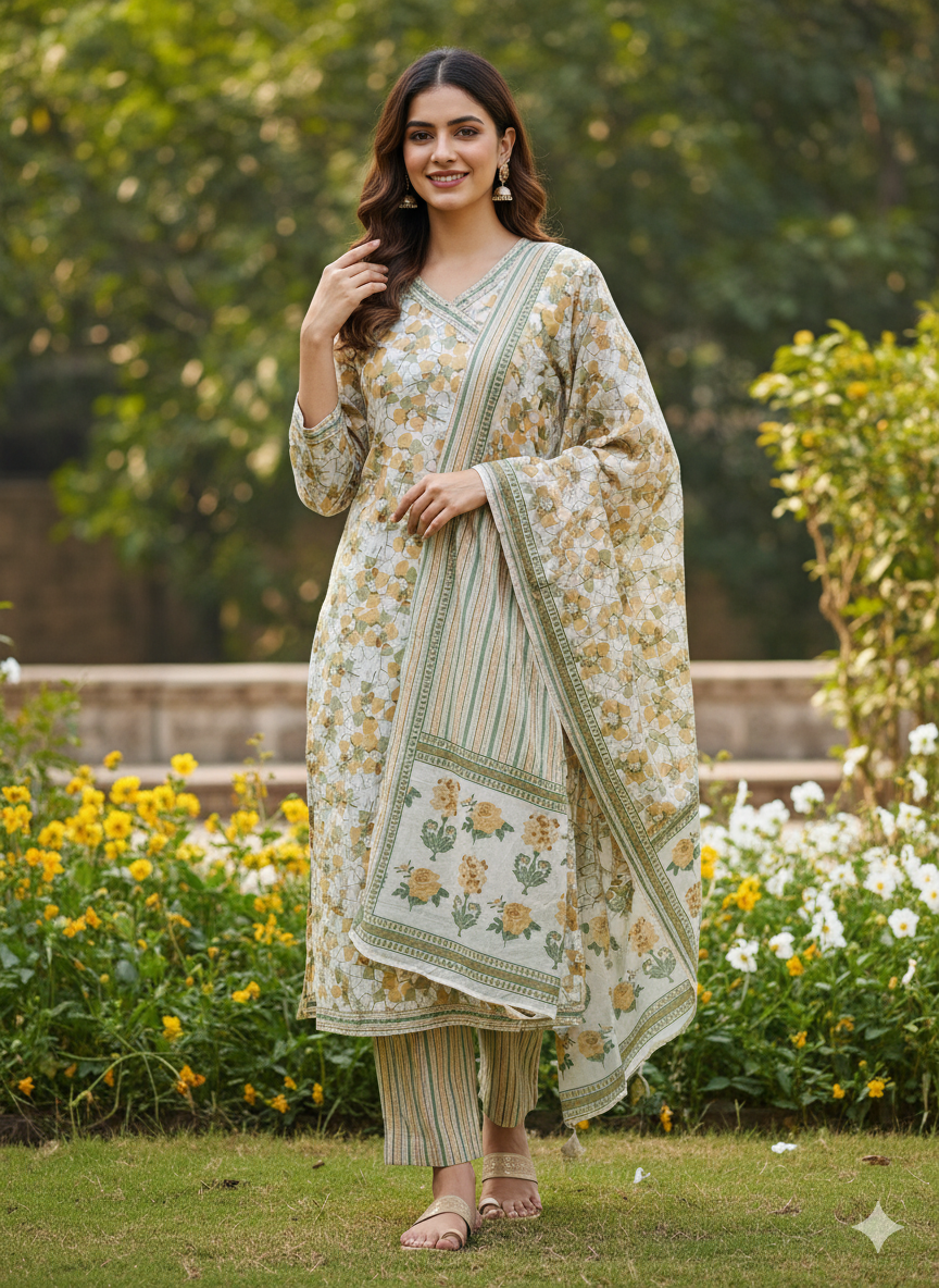 Embroidered Peach green Ang Rakha neck printed suit pant dupatta set