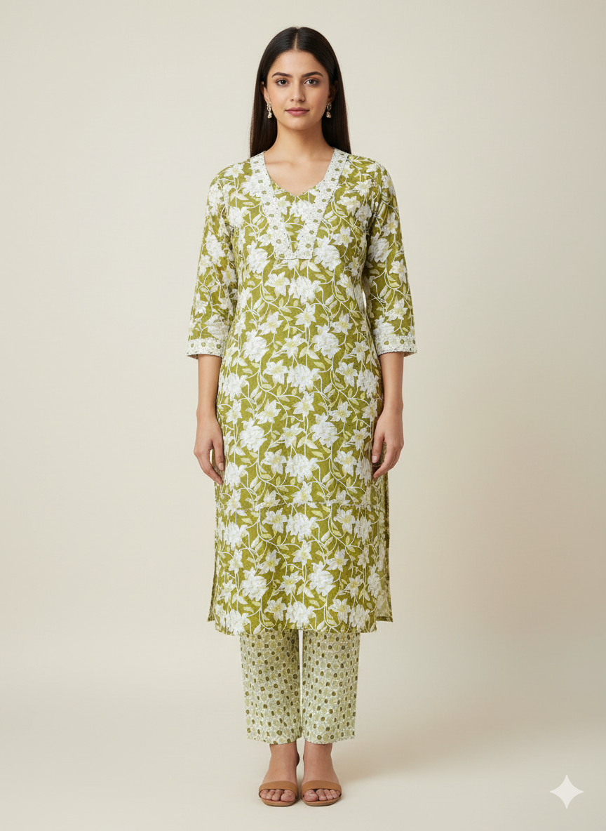 Olive Green Floral Kurta Set with pants