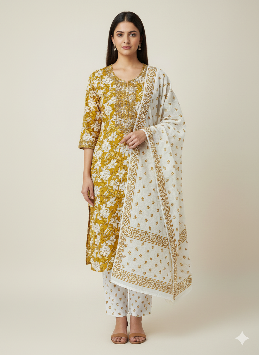 Embroidered Floral Print Kurta Set with Pants & Dupatta