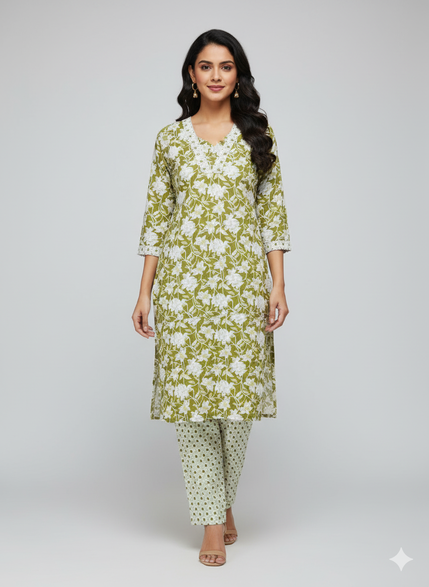Olive Green Floral Kurta Set with pants
