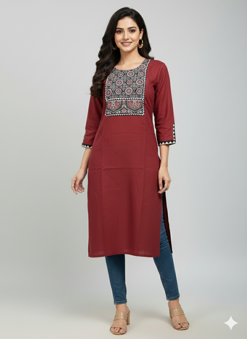 Maroon Hand-Embroidered Ajrakh-Style Cotton Kurta