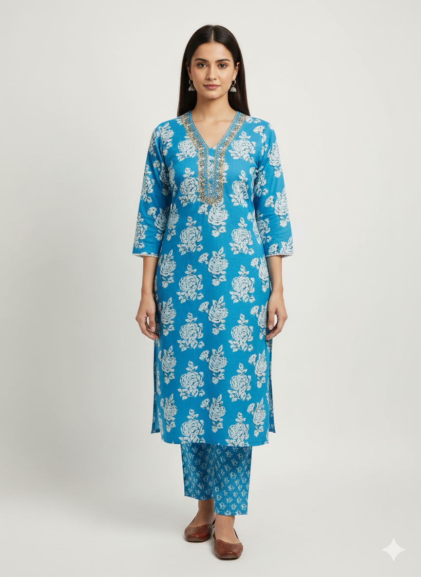 Blue Floral Printed Kurta Set with Embroidered Neckline
