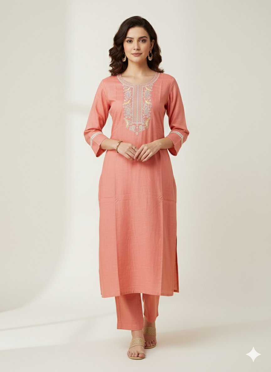 Peach Embroidered Kurta Set/Cord set