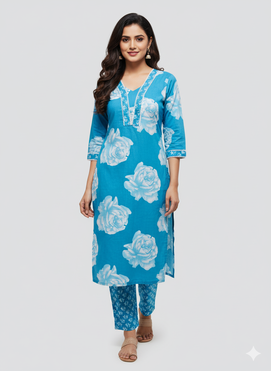Blue Floral Kurta Set with pants