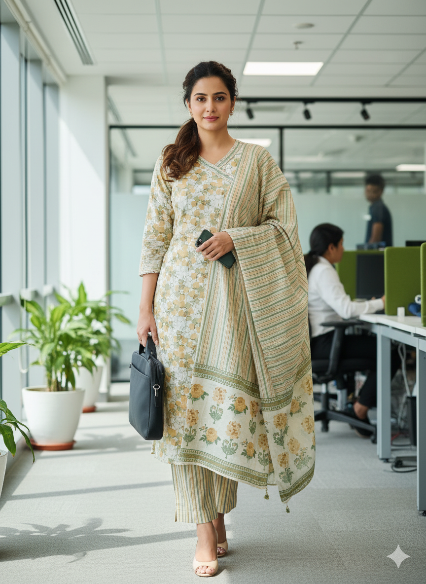 Embroidered Peach green Ang Rakha neck printed suit pant dupatta set