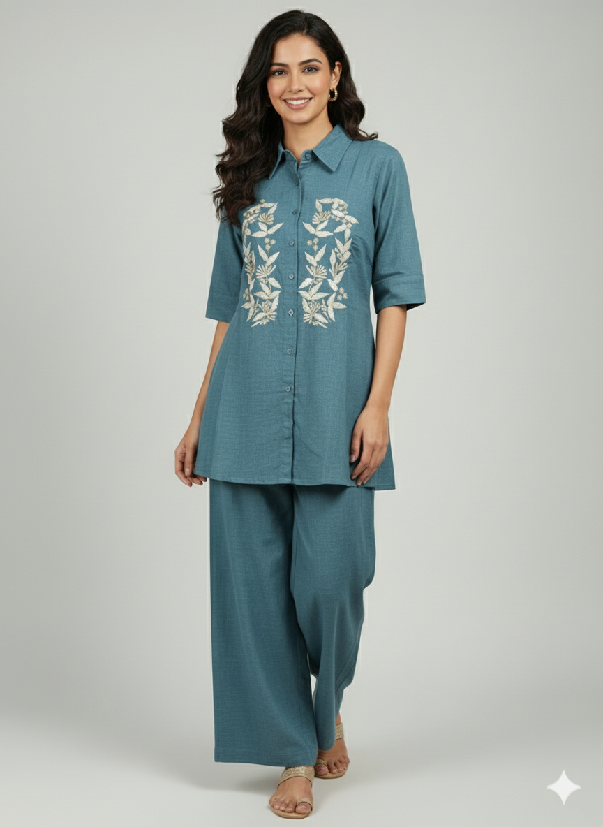 Teal Blue Embroidered Shirt & Pant cord Set