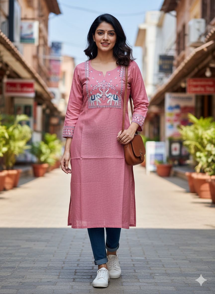Pink Cotton Kurta with Embroidered Elephant Motif