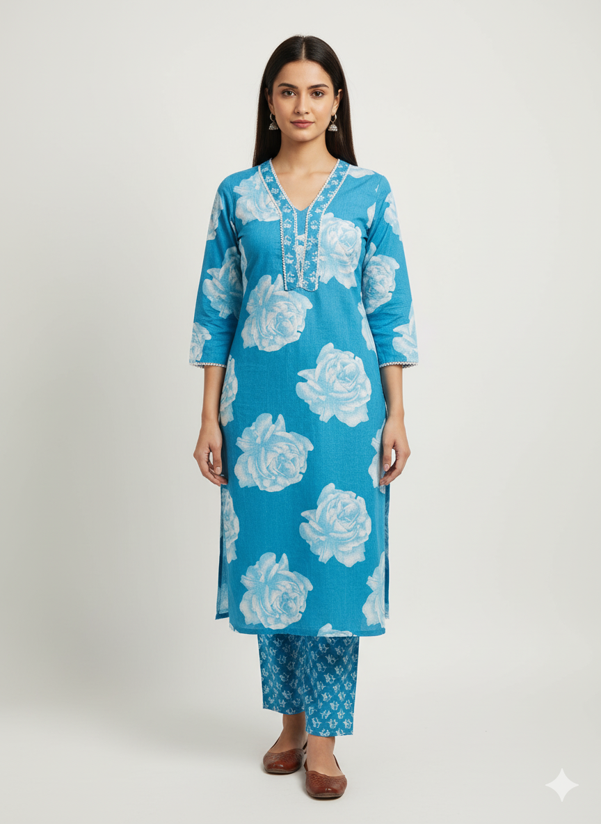 Blue Floral Kurta Set with pants